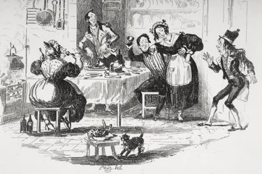 Job Trotter encontra Sam na cozinha de Mr. Muzzle, ilustração de "The Pickwick Papers", de Charles Dickens (1812-1870), publicada em 1837 (ver também 259101)